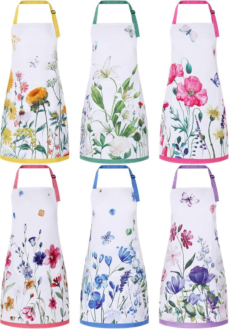 Bencailor 6 Pcs Spring Kitchen Aprons with Pockets Flower Rooster Bee Butterfly Sunflower Summer Aprons Bulk for Women (Multicolored, Spring Floral)