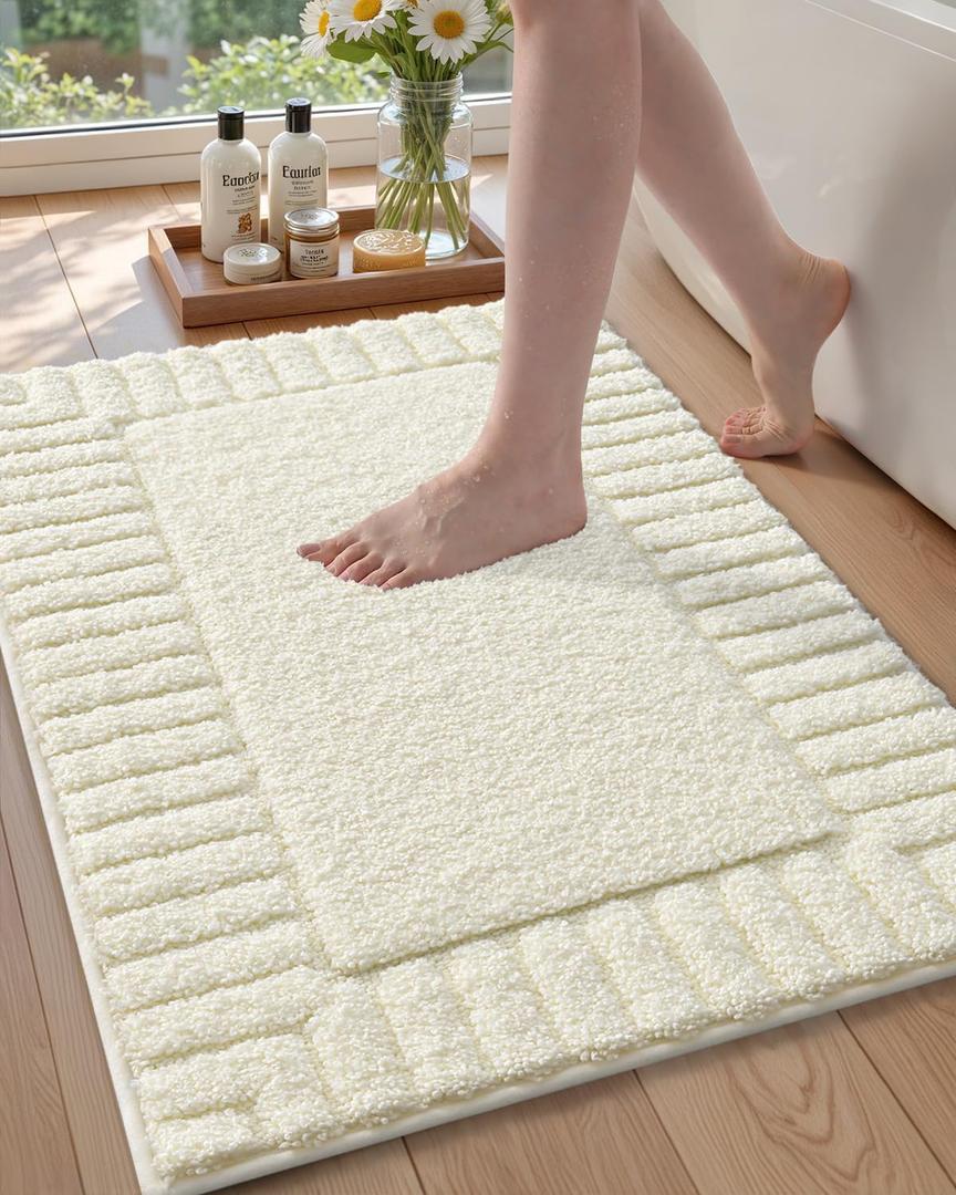 Color&Geometry Small Bath Rugs Non Slip Washable, 16"x24" Absorbent Off White Bathroom Rugs, Soft Bath Mats for Bathroom Floor, Shower, Bathtub, Laundry