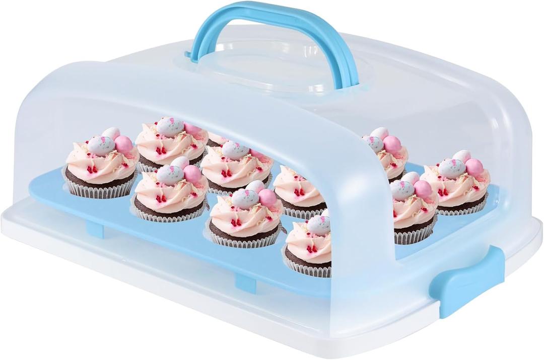 Cake Carrier with Lid, Blue Cake Holder Cupcake Container for 12 Cupcakes or 1 Large Cake Pie Pizza Tart 2 in 1 Portable Dessert Container for Cake Pie Muffin