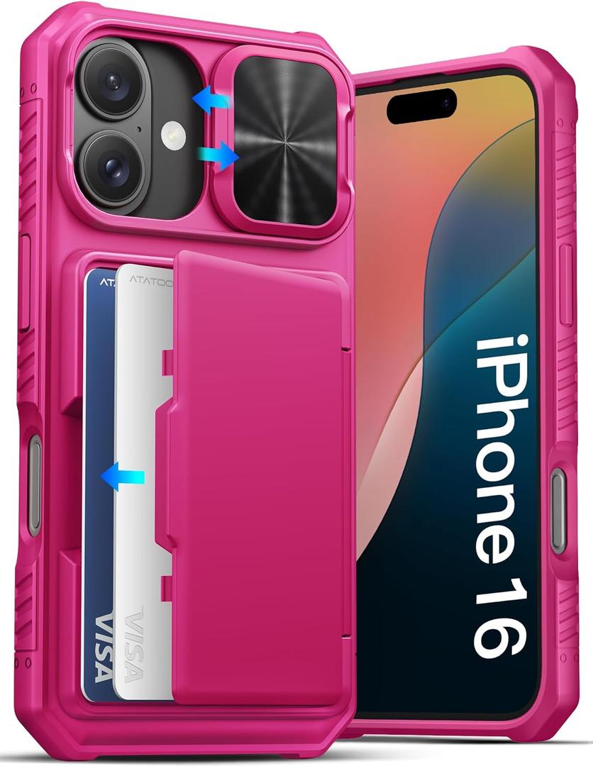 ATATOO for iPhone 16 Case, Built-in Card Holder (Store 3-5 Cards) & Slide Camera Protector, Military Grade Protection, Women Cute Silicone Wallet Case for iPhone 16 2024, Hot Pink