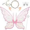 Waipfaru Fairy Wings Costume for Adults and Girls, Butterfly Wings Set with Floral Garland Wand Elf Ears for Women Halloween, Cosplay, Party, Pink
