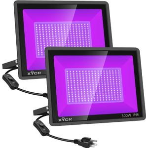 XYCN 2 Pack 300W LED Black Lights Outdoor, Flood Blacklight Light with Plug, 395nm to 410nm IP66 Waterproof for Dance Party, Glow in The Dark, Stage Lighting, Body Paint, Fluorescent Poster, Neon Glow