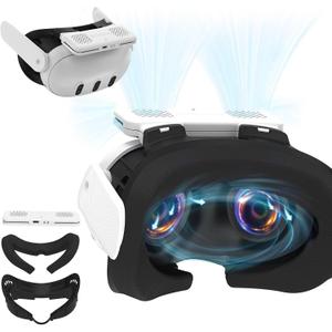 Hibloks Cooling Fan Mask for Meta/Oculus Quest 3 Accessories, Circulates Ventilation to Eliminate Glass Fogging (Breathable Ice Silk Cotton) 3-in-1 Face Pad with Booster Pad for Glasses Wearers