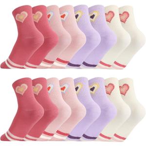 Jspupifip Kids Girls Crew Athletic Socks with Retro Stripes Hearts Cartoon Patterns for Running Sport Outdoor (6-10 Years, Red Beige Pink Purple)