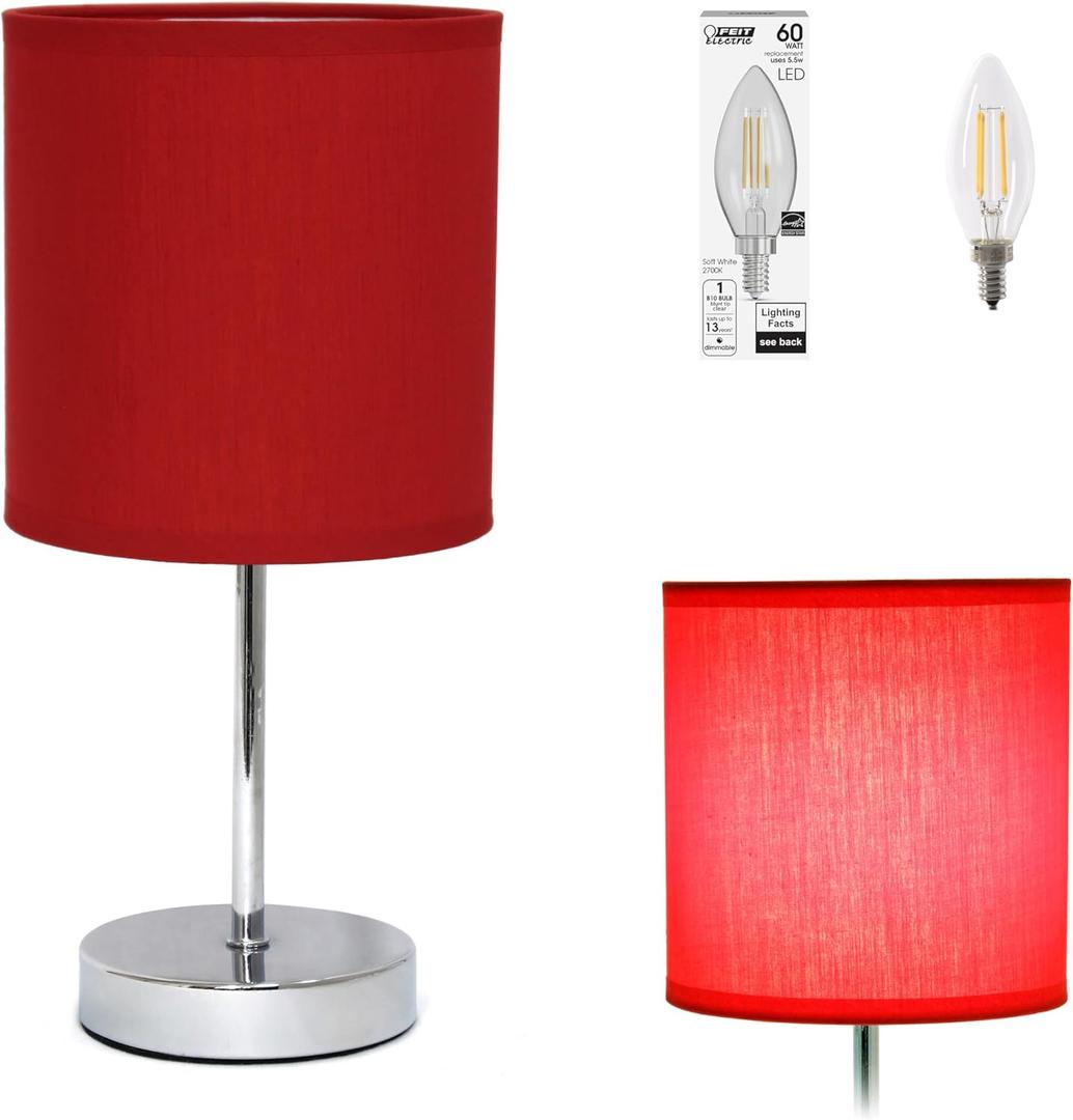 Simple Designs LT2007-RED-LB Basic Chrome Mini Table Lamp for Living Room, Nightstand, Desk, Countertop, Red, with Feit LED Bulb Included