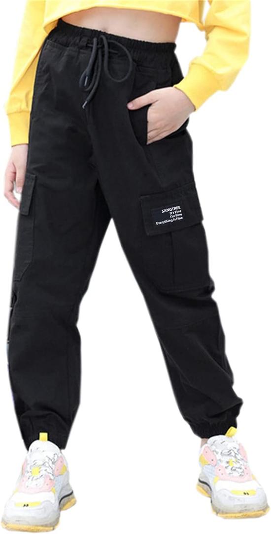 SANGTREE Girls & Womens Drawstring Cargo Jogger Pants,3 Years - Women 3XL (Black, XXL)