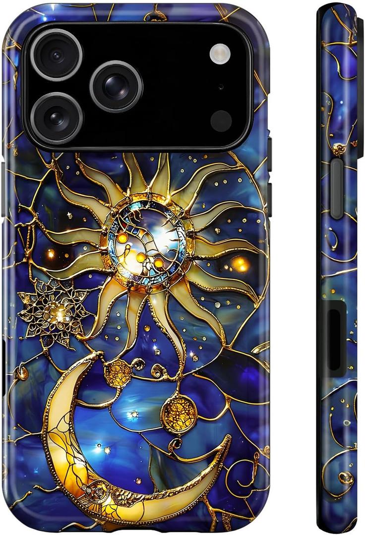 Compatible with iPhone 17 Pro Max Case,Gold Line Marble Sun Moon Pattern,Hybrid Durable TPU Hard PC Bumper Case,Protective Phone Cover for Women Girls