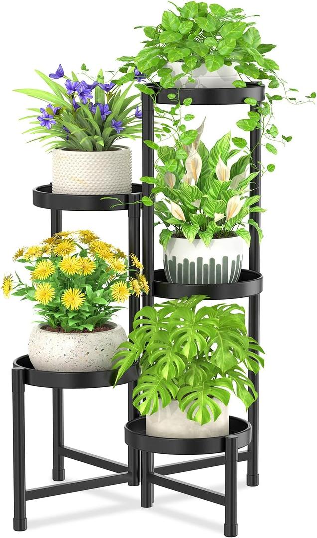 iDavosic.ly 5 Tier Metal Plant Stand for Indoor Outdoor, Foldable Corner Tall Plant Shelf for Multiple Plants, Flower Pot Holder Display Stand for Living Room Balcony Garden Patio (Black)