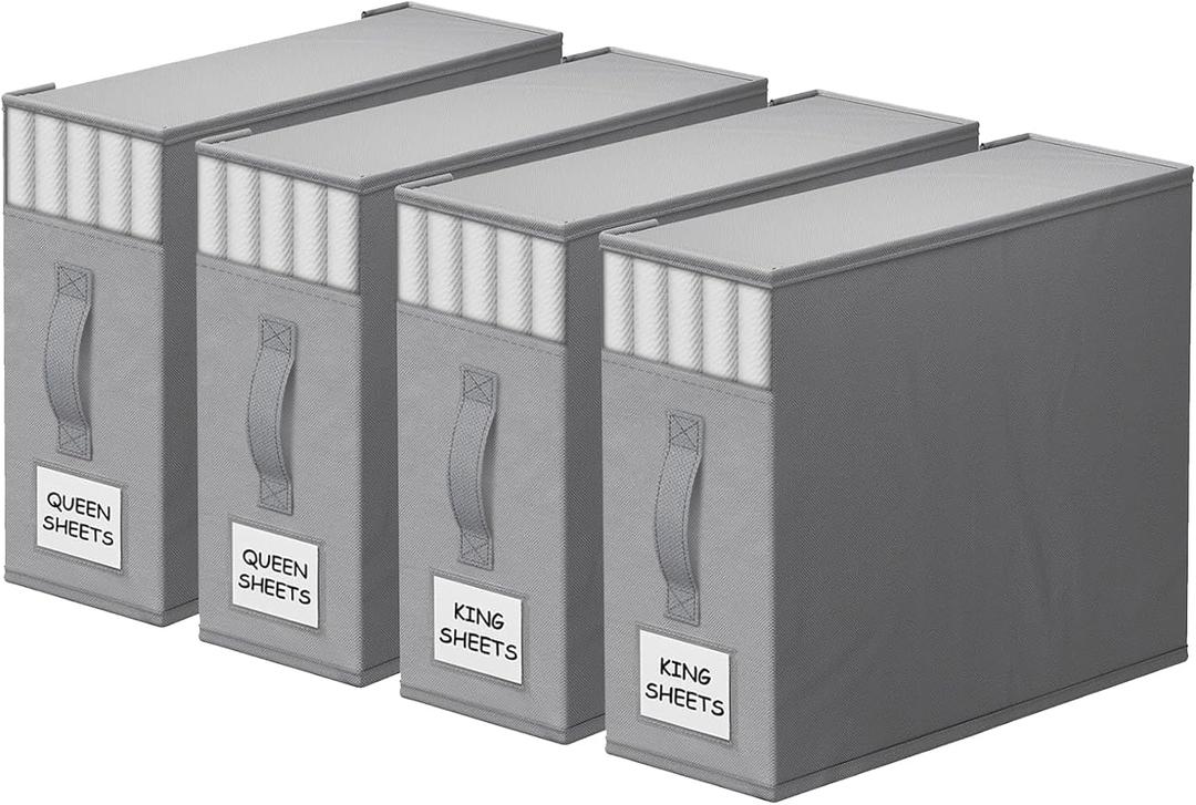 StorageTastic 4 Pack Bed Sheet Closet Organizers and Storage,Sturdy Foldable Storage Containers with Window and Label,Storage and Organization for Bedding Sheets,Duvet Covers,Blankets (Grey)