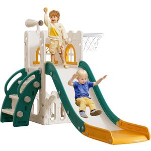6 in 1 Toddler Slide,Kids Climber Slider for Indoor Outdoor Playground with Basketball Hoop,Storage and Telescope,L Shaped Slide for Toddler Climber Playset (Green)