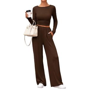 PRETTYGARDN Two Piece Lounge Sets For Women 2025 Casual Long Sleeve Shirts Wide Leg Pants Tracksuit Workout Matching Set (Brown, XXL)