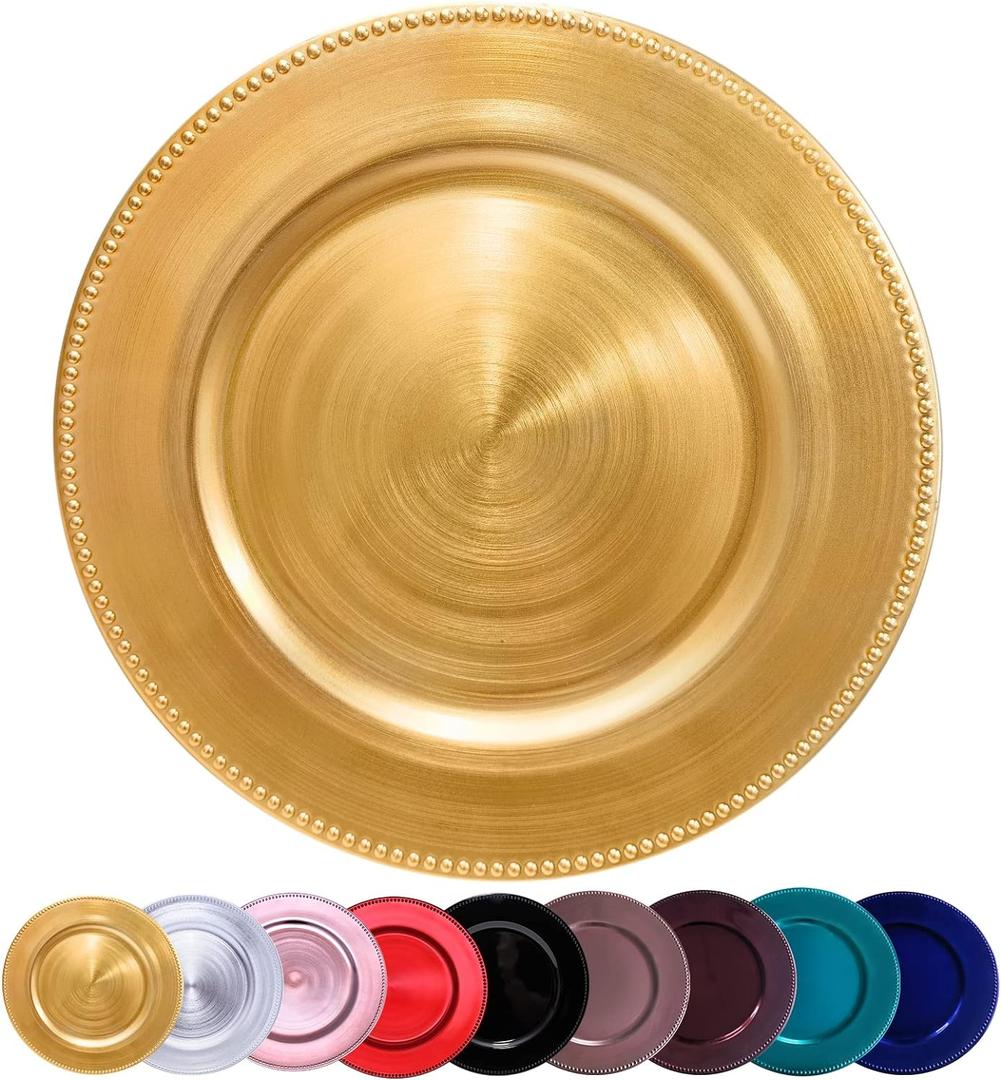 Metallic Round Charger Plates 10PCS, 13inch Plastic Beaded, bulk wedding, Dinner, Party, Event, Decoration( Gold 10)