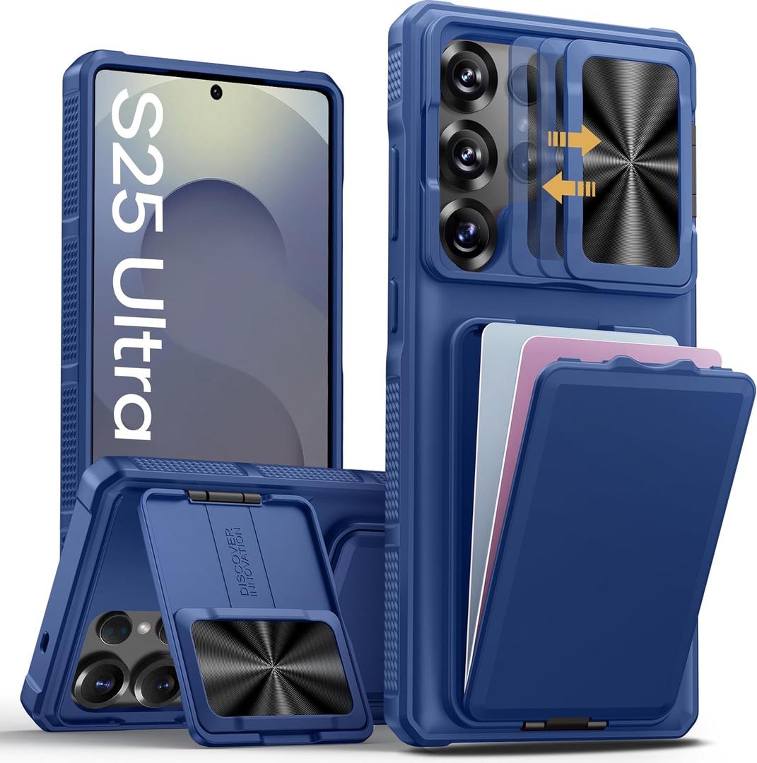 SSLOTSCASE for Samsung Galaxy S25 Ultra Case with Stand & Credit Card Holder & Sliding Camera Cover, Full-Body Drop Proof TPU Soft Silicone Edge Protective Case Cover for Galaxy S25 Ultra 6.9, Blue