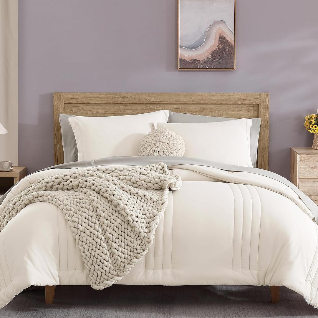 Monbix Queen Comforter Set - 7 Pieces Snow White Bed in a Bag Queen Bedding Sets with Comforters, All Seasons Comforter Bed Set with Sheets, Pillowcases & Shams (Queen(90"X90"))