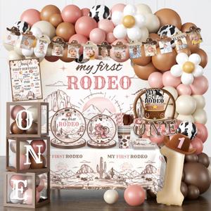 240PCS My First Rodeo Decorations Girl, Western Cowgirl First Birthday Supplies, All-in-1 Supplies Pack Includes 20 plates, Backdrop Tablecloth Balloon Kit for Girl First Birthday Party