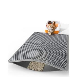 Powools Cat Litter Mat - 46" x 35" Jumbo Litter Box Mat with Double Layers, Urine-Proof and Non-Slip Litter Trapping Mat, Easy to Clean Kitty Litter Mats for Floor, Scatter Control, Grey