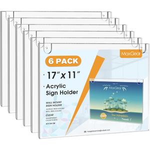 MaxGear Acrylic Sign Holder 11 x 17 Inch, Wall Mount Sign Holders Clear Plastic Picture Frame with Adhesive Tapes and Mounting Screws for Office, Home, Store, Restaurant, Landscape, 6 Pack