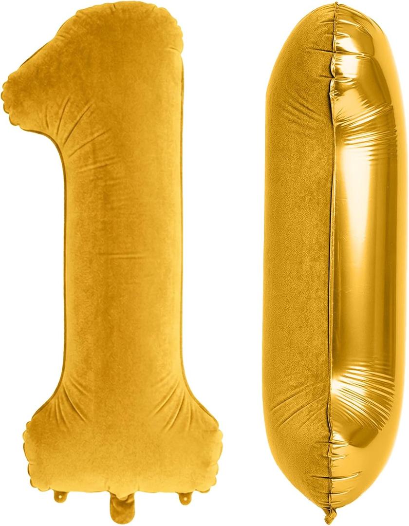 4 x 40 Inch Number 1 Balloon, Large Gold Number Balloons for Boy Girls 1st Birthday Decorations, Flocked Velvet Matte Foil Birthday Balloon 0-9 for Women Men, Giant Number 1, Anniversary Supplies