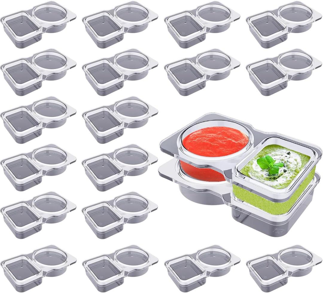 20 PCS Plastic Snack Containers, Double Compartment Condiment Containers with Lids, Reusable Snack Container, Suitable for Kitchen Storage and Outdoor Parties (20 PCS)
