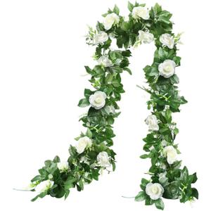 Artificial Rose Vine Silk Flower Garland Hanging Baskets Plants Home Outdoor Wedding Arch Garden Wall Decor, 2PCS (10 ft, White)