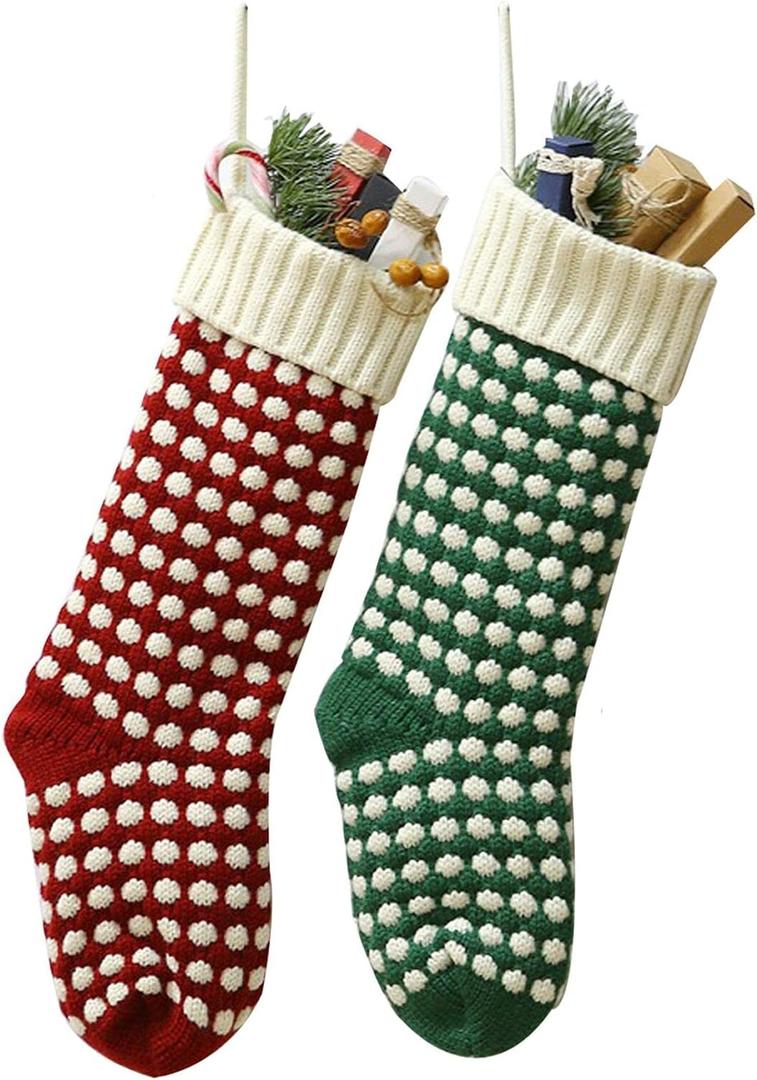 Christmas Stockings 18" Unique Burgundy and Green Knit Christmas Stockings Dots Style (Length 18",Pack 2)