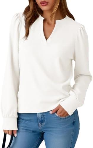 Tankaneo Womens Puff Long Sleeve Tops Blouses Casual Loose V Neck Fall Tunic Shirts, Small