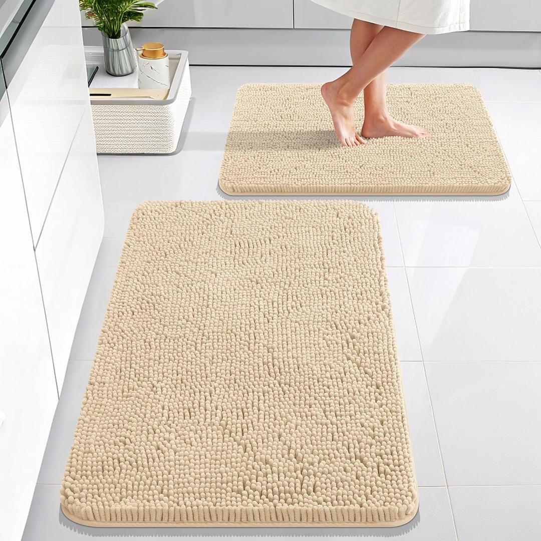 OLANLY Bathroom Rugs Sets 2 Piece, Soft Absorbent Chenille Bath Mats Area Rug Set, Non-Slip, Quick Dry, Machine Washable Bath Mats for Bathroom, Home Decor Accessories (30"x20"+24"x16", Beige)