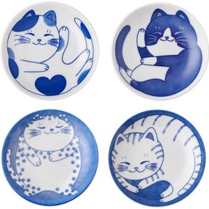 VanEnjoy Small Cute Ceramic Dishware Sets, Kawaii Cat Plates, Blue Shushi Plate Set Of 4, Japanese Plates, Dessert Plates Ceramic