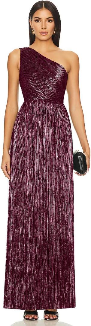 Women's Elegant Maxi Formal Dresses One Shoulder Pleated A-Line Long Evening Party Gowns, Large