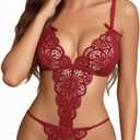 Sexy Lingerie for Women Deep V Teddy Bodysuit Sheer Lace One Piece Babydoll with Adjustable Strap (Red, XS)