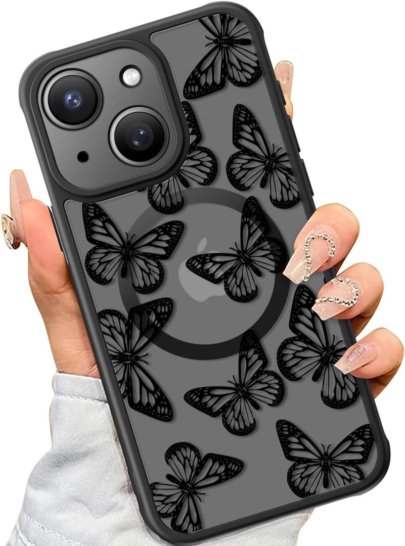 SEXYMOM Magnetic for iPhone 15 Case - Wireless Charging Compatible,Military Drop Tested Cover,Cute Floral Design for Women and Girls,Slim Fit Translucent Matte Phone Case - Little Butterfly