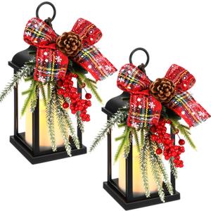 2 Pcs Christmas Lantern Snow Decorative Globe Christmas Porch Decor 10 Inch Candle Lanterns with Flickering LED Flameless Candle Plaid Bow Berry Holiday Hanging Decoration for Xmas Party