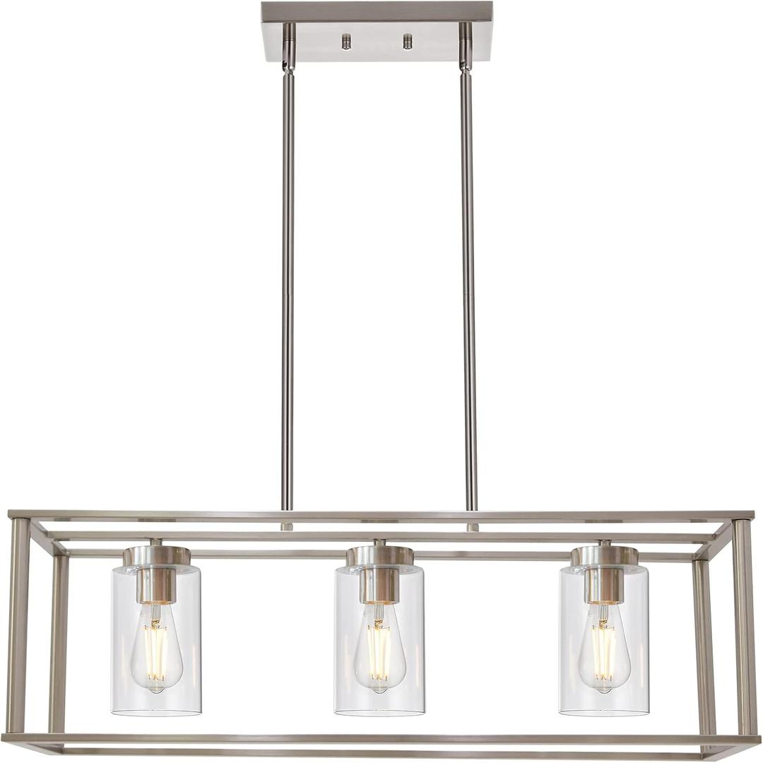 3 Light Linear Chandeliers Brushed Nickel with Clear Glass Shade Modern Kitchen Island Pendant Dining Room Light Fixture Hanging Farmhouse Ceiling Light for Living Room Bar