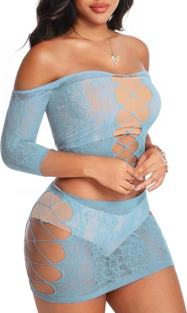 Womens Lingerie Fishnet Bodysuit See Through Lingerie Set for Women Babydoll Fishnet Dress Mesh Chemise Sexy Naughty Outfits for Nightwear Clubwear Stripper, Sheer Fish Net Two Piece Blue ( One Size )