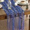 Artoid Mode 3PCS Blue Gold Gauze Table Runner 120 Inch 10FT, Glitter Metallic Foil Sheer Dining Wedding Anniversary Holiday Table Decor for Home Party