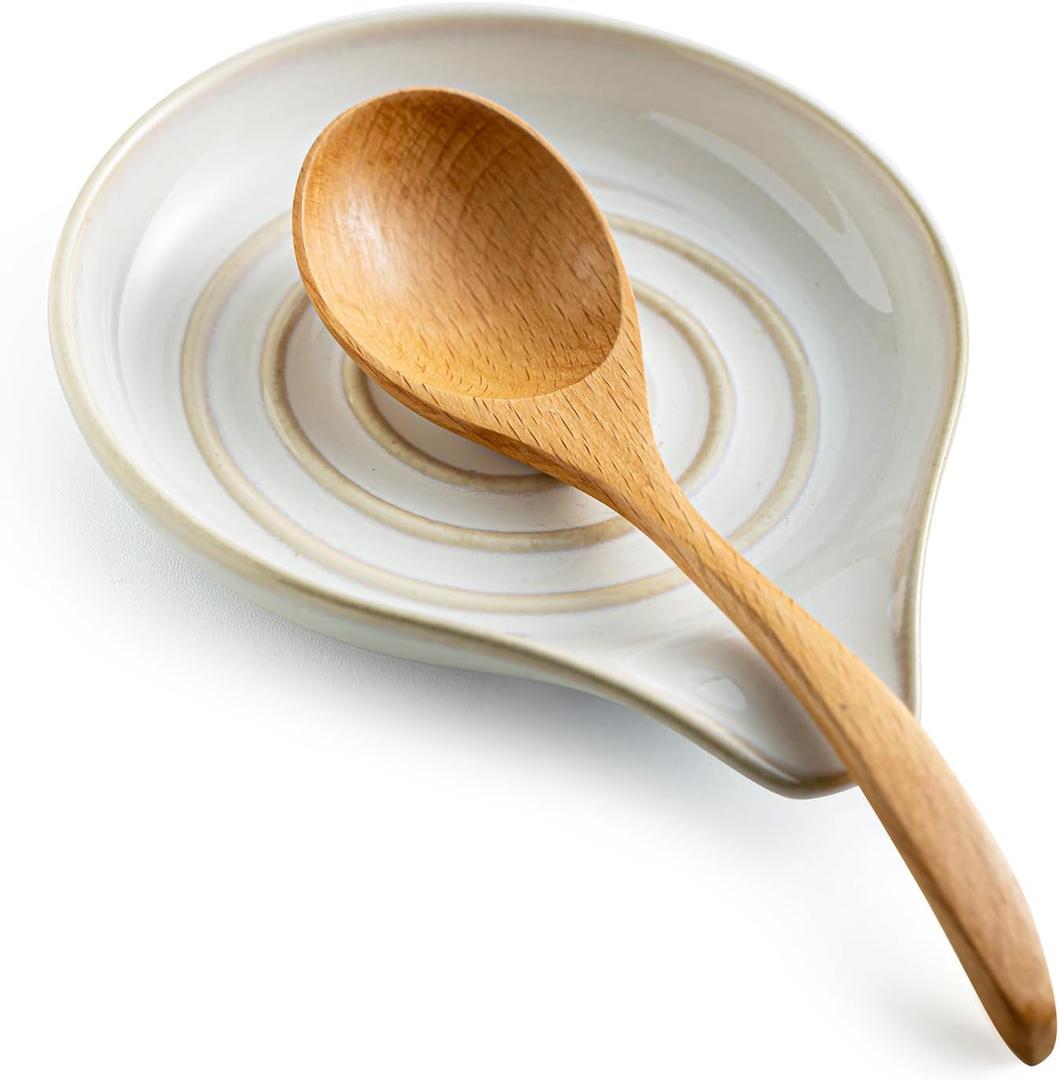 LAUCHUH Spoon Rest, Large Ceramic Spoon Holder for Kitchen Counter Spatula Rest Heat-Resistant Spoon Rest for Stove Top Cooking Utensil Holder, Farmhouse Kitchen Dcor for Mother's Day, Cream, 5 Inch