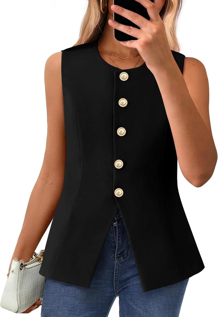 BTFBM Summer Sleeveless Blazer Vest For Women Dressy Button Down Round Neck Business Casual Outfits Work Suit Vests Tops (Medium, Black)