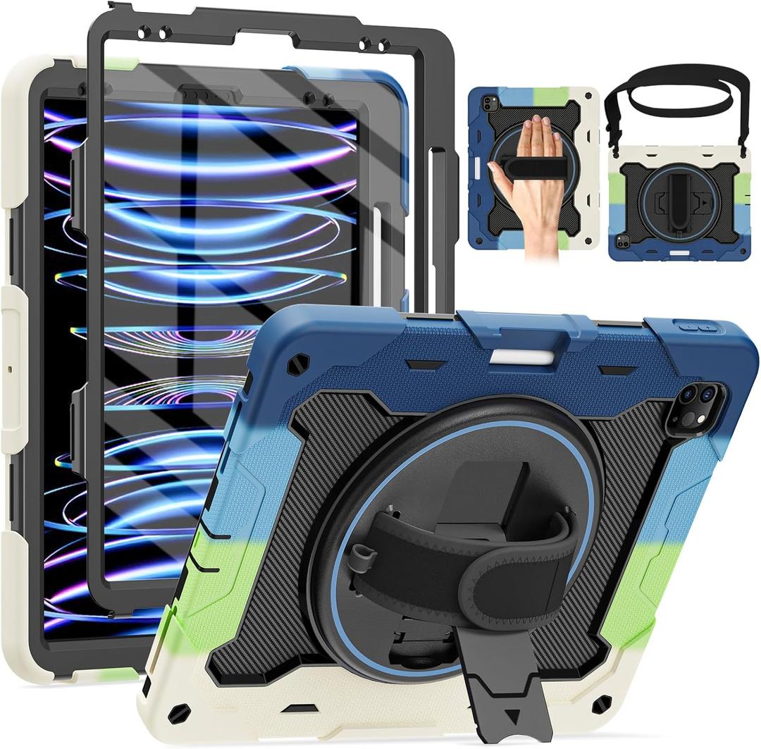 ROISKIN for iPad Pro 12.9 -Inch Case (6th, 5th, 4th & 3rd Gen) with HD Screen Protector, 360 Stand, Hand Strap, Pencil Holder,Shoulder Strap,Rugged Bulky Full Body 12.9 iPad Pro Case (Blue/Black)