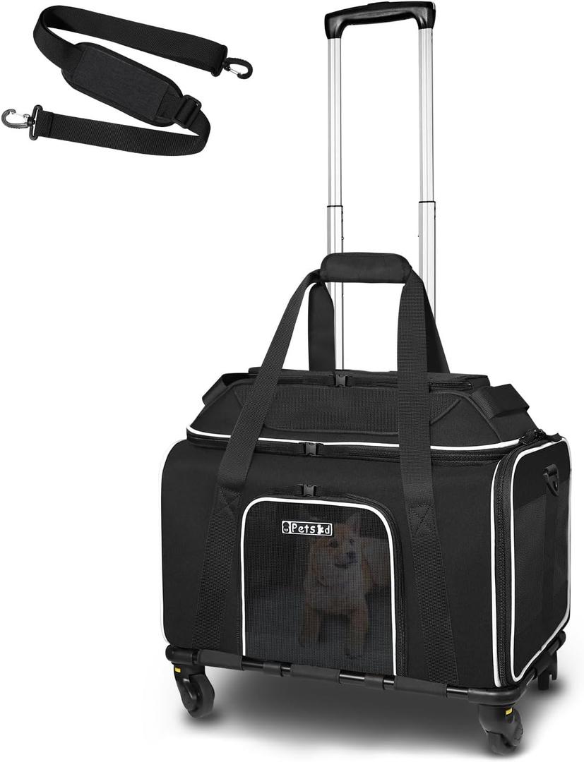 Petskd Top-Expandable Pet Carrier with Wheels 17x11x9.5 Inches Alaska Airline Approved, Soft-Sided Carrier for Small Cats Dogs with Locking Safety Zippers and Anti-Scratch Mesh(Black)