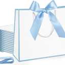 Silkfly 12 Pcs Thank You Gift Bags with Handle 12x10x4'' Welcome Elegant Gifts Bag with Bow Ribbon for Mother's Day Wedding Graduation Bridesmaid Baby Shower Birthday Housewarming (White,Light Blue)