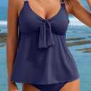 Aleumdr Women's Tankini Swimsuits Tummy Control Two Piece Bathing Suit V Neck Tie Front Flowy Swim Top with Bottom (Blue, S)
