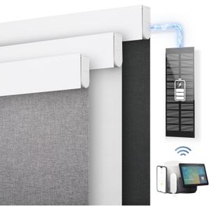 DENFOON Motorized Blinds with Remote control, Custom Blackout Smart Blinds [with Cover],Electric Blinds with Complimentary Solar Panel, Cordless Automatic Roller Shades for Windows (White23"W x 72"H) (A-white (Solar Panels Charging))