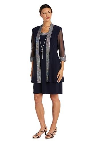 R&M Richards Women's Evening Jacket Dress W/Sparkling Metallic Trim & Necklace, Size: 14