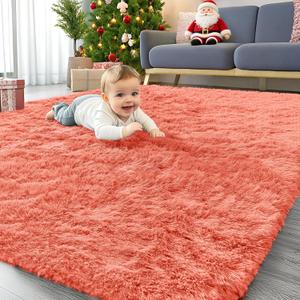 OLANLY Area Rugs for Living Room Bedroom, Machine Washable 4x5.9 ft Soft Fluffy Shaggy Bedside Rug, Indoor Floor Carpet for Kids Girls and Boys, Dorms, Nursery Rooms, Home Decor Aesthetic, Coral Red