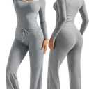 OMKAGI Womens Lounge Set Lace Square Neck Long Sleeve Tops Wide Leg Pants 2 Piece Outfits (Gray)