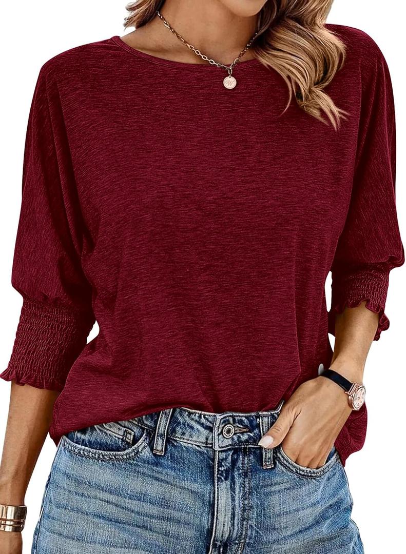 BTFBM Womens Tops Dressy Casual Summer T Shirts 2026 Crewneck 3/4 Sleeve Beach Vacation Loose Tunic Spring Work Blouse (L)