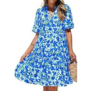 KIRUNDO Womens Summer Dresses Casual Boho Floral Mini Babydoll Short Sleeve A Line Dress V Neck Sundress Beach Vacation(White Blue Flower, Medium)
