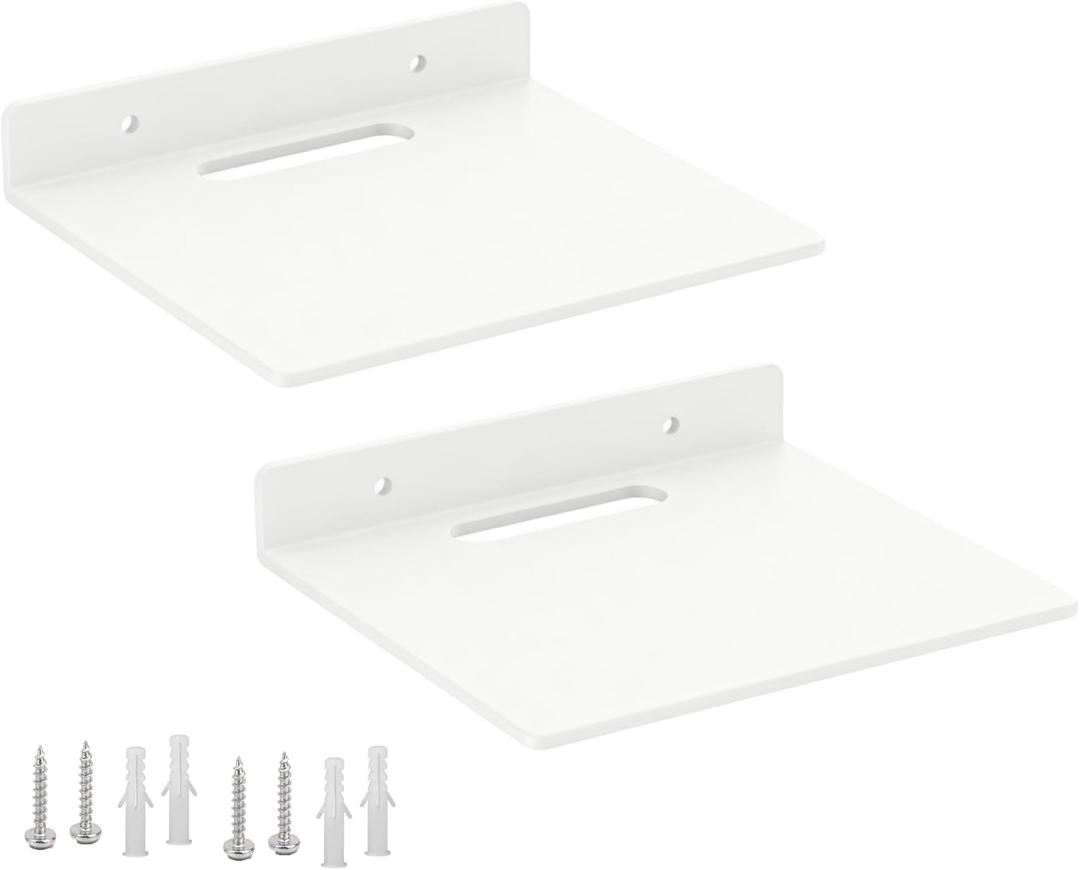 Small Floating Shelf 3mm Thick, 6.5 inch, Wall Shelf, Metal Floating Shelves for Echo, Cameras, Small Speaker, Wall Shelves for Bathroom, Living Room, Bedroom (White 2pcs)