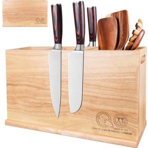 XYJ Utensil Holder with Magnets, 3-Compartment Organizer for Kitchen Tools, Spoons, Spatulas, Magnetic Knife & Metal Accessory Storage, Countertop Caddy, Wood Container without Knives & Cookware Tools
