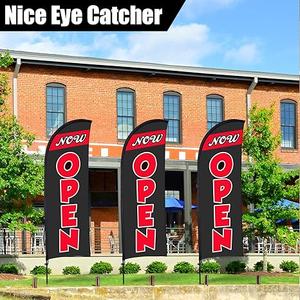 Buryeah 3 Sets Now Open Feather Flag Pole Kit for Business Advertising 7 ft Open Flag Banner Sign with Pole Kit Ground Stake and Portable Bag for Outside Ground (Black)